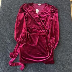 Nine West Dress Womens Large Burgundy Velvet Wrap Long Sleeve Belted Tie V Neck